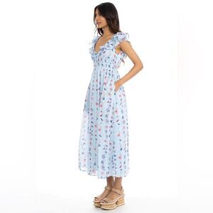 Banjanan Maya Cotton Ruffled Foliage Floral Dress, Blue, NWT, Size M